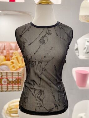 90s Vintage Black Sheer Mesh Tank Top with Floral Glitter Design